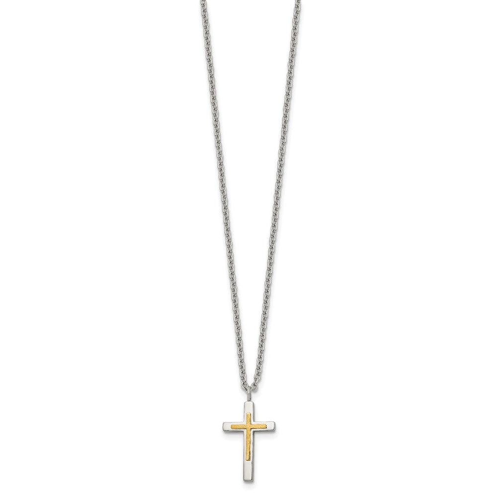 Chisel Stainless Steel Polished with 14K Gold Accent Small Cross Pendant on an 18 inch Cable Chain NecklaceSRN3179-18