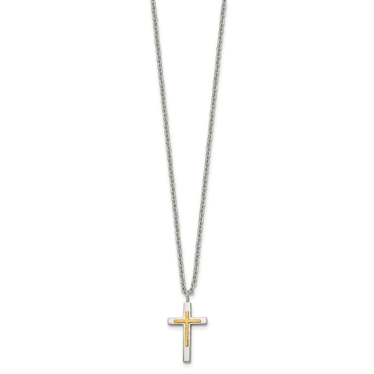 Chisel Stainless Steel Polished with 14K Gold Accent Small Cross Pendant on an 18 inch Cable Chain NecklaceSRN3179-18