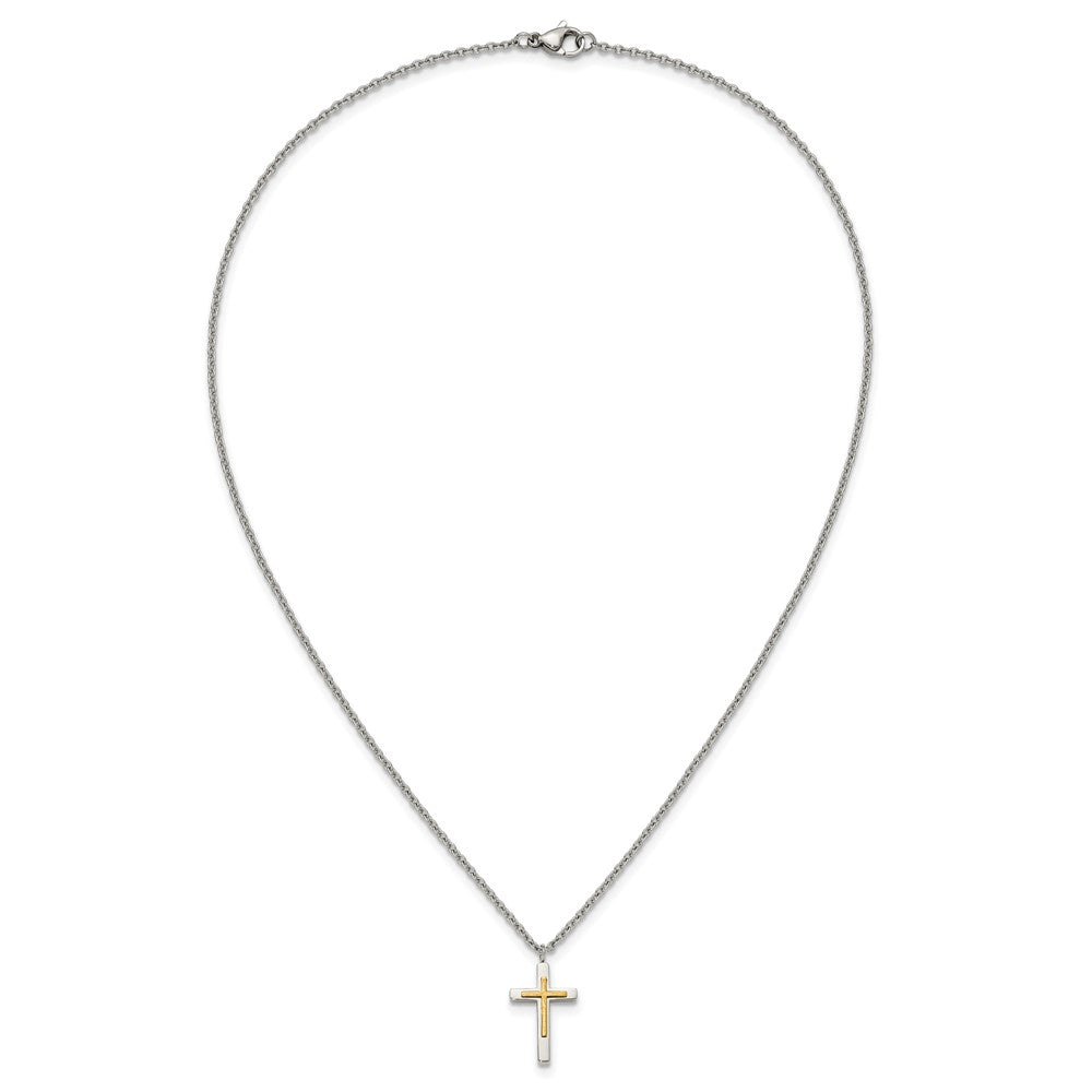 Chisel Stainless Steel Polished with 14K Gold Accent Small Cross Pendant on an 18 inch Cable Chain NecklaceSRN3179-18