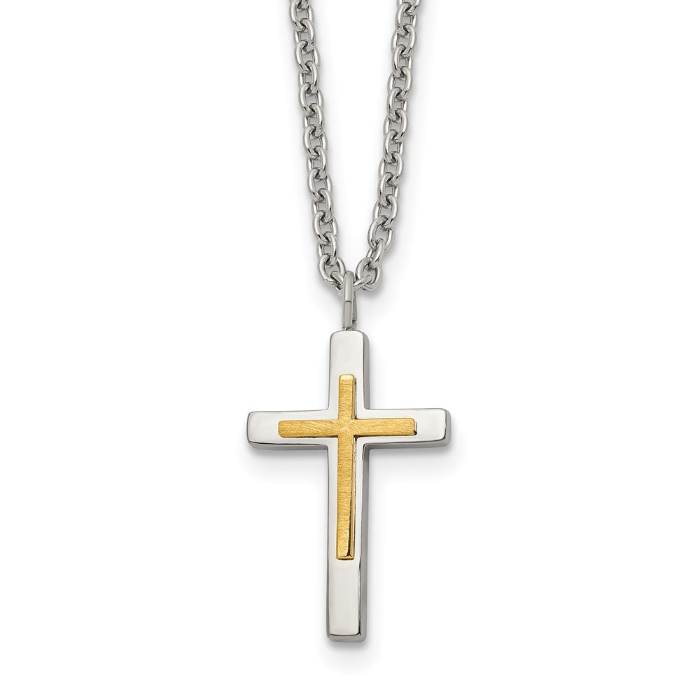 Chisel Stainless Steel Polished with 14K Gold Accent Small Cross Pendant on an 18 inch Cable Chain NecklaceSRN3179-18