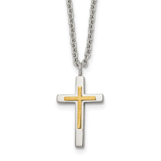 Chisel Stainless Steel Polished with 14K Gold Accent Small Cross Pendant on an 18 inch Cable Chain NecklaceSRN3179-18