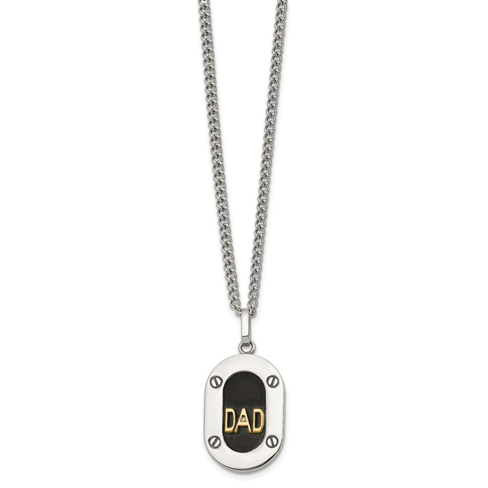 Chisel Stainless Steel Polished with 14K Gold Accent and 1pt Diamond DAD Black Enameled Pendant on a 24 inch Curb Chain NecklaceSRN3181-24