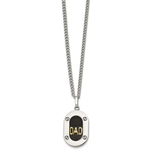 Chisel Stainless Steel Polished with 14K Gold Accent and 1pt Diamond DAD Black Enameled Pendant on a 24 inch Curb Chain NecklaceSRN3181-24