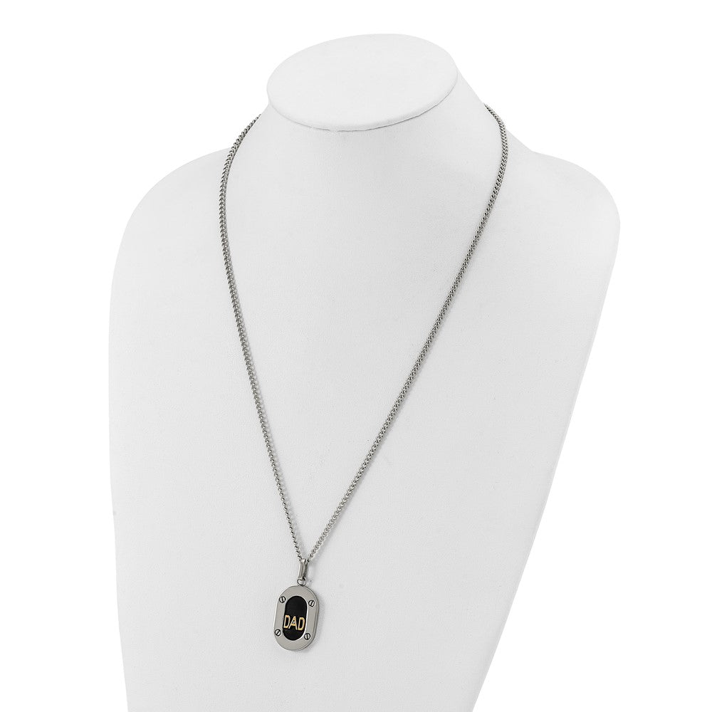 Chisel Stainless Steel Polished with 14K Gold Accent and 1pt Diamond DAD Black Enameled Pendant on a 24 inch Curb Chain NecklaceSRN3181-24
