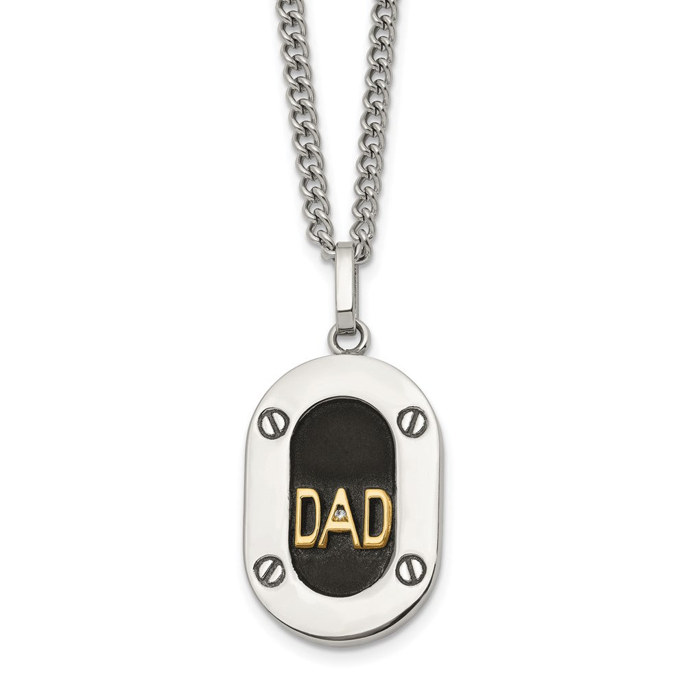 Chisel Stainless Steel Polished with 14K Gold Accent and 1pt Diamond DAD Black Enameled Pendant on a 24 inch Curb Chain NecklaceSRN3181-24
