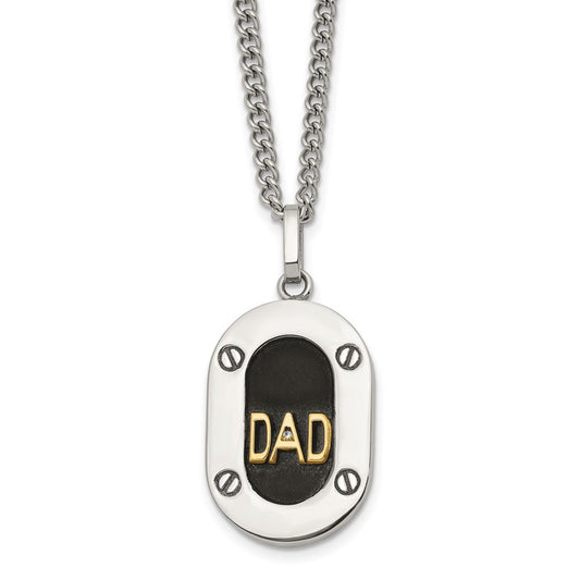 Chisel Stainless Steel Polished with 14K Gold Accent and 1pt Diamond DAD Black Enameled Pendant on a 24 inch Curb Chain NecklaceSRN3181-24