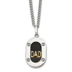 Chisel Stainless Steel Polished with 14K Gold Accent and 1pt Diamond DAD Black Enameled Pendant on a 24 inch Curb Chain NecklaceSRN3181-24