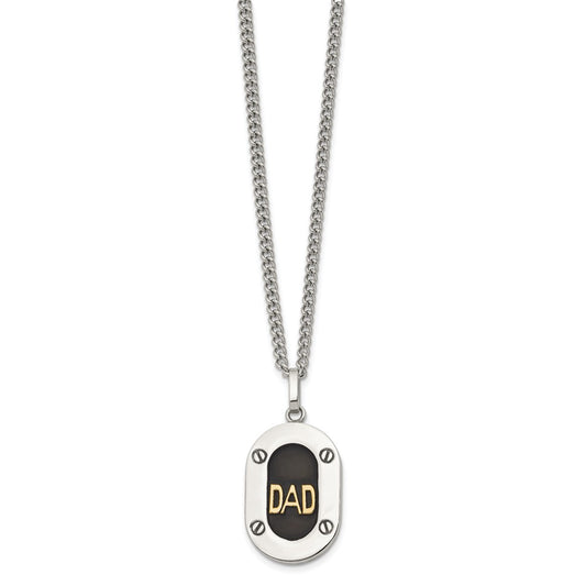 Chisel Stainless Steel Polished with 14K Gold Accent DAD with Black Enameled Pendant on a 24 inch Curb Chain NecklaceSRN3182-24