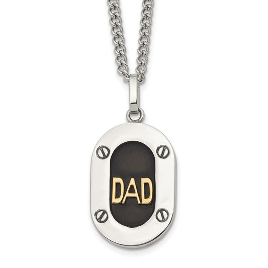 Chisel Stainless Steel Polished with 14K Gold Accent DAD with Black Enameled Pendant on a 24 inch Curb Chain NecklaceSRN3182-24