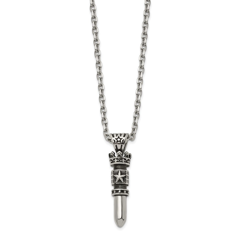 Chisel Stainless Steel Antiqued and Polished Bullet with Crown Pendant on a 24 inch Cable Chain NecklaceSRN3193-24