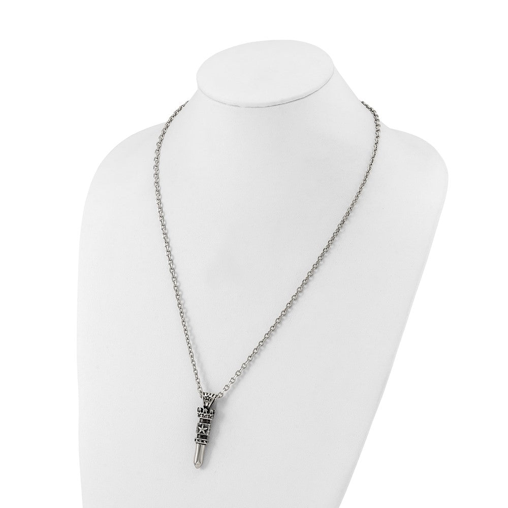 Chisel Stainless Steel Antiqued and Polished Bullet with Crown Pendant on a 24 inch Cable Chain NecklaceSRN3193-24