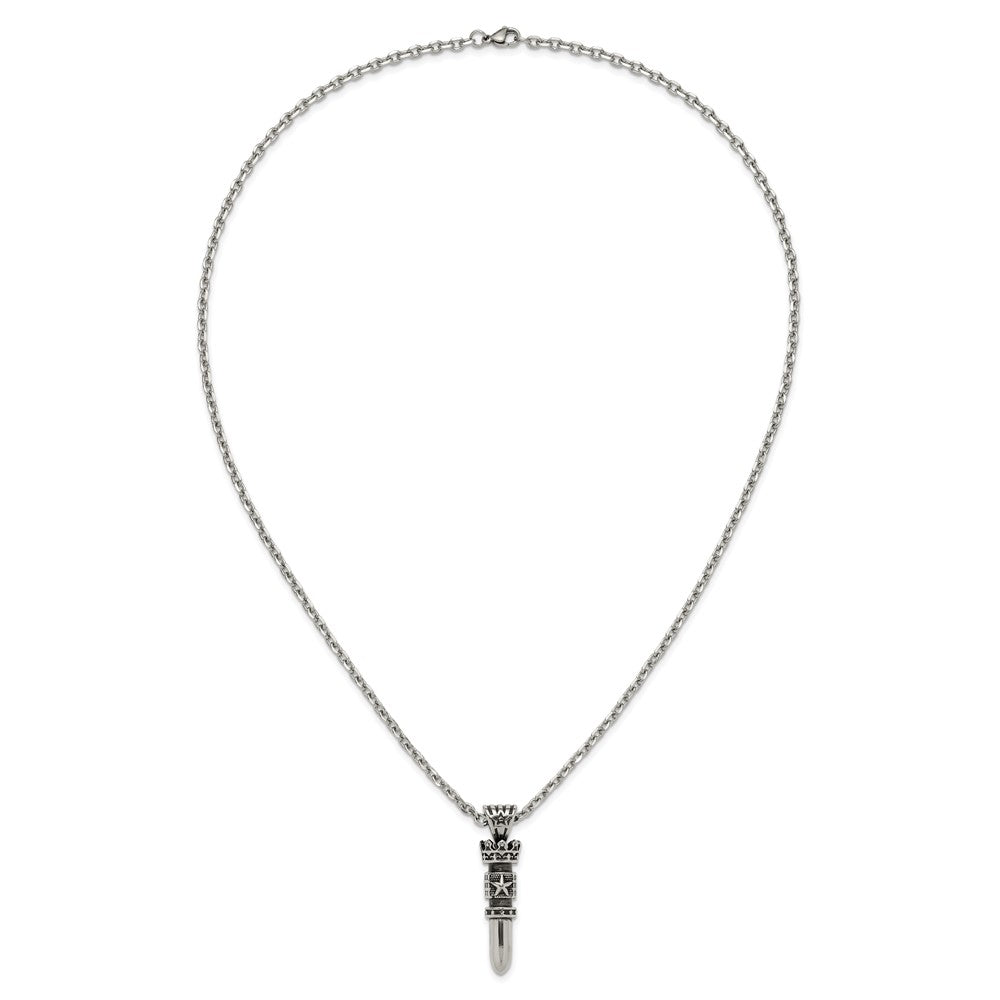 Chisel Stainless Steel Antiqued and Polished Bullet with Crown Pendant on a 24 inch Cable Chain NecklaceSRN3193-24