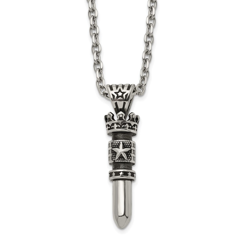 Chisel Stainless Steel Antiqued and Polished Bullet with Crown Pendant on a 24 inch Cable Chain NecklaceSRN3193-24