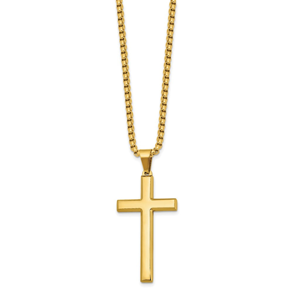 Chisel Stainless Steel Polished Yellow IP-plated Cross Pendant on a 24 inch Box Chain NecklaceSRN3195-24
