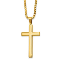 Chisel Stainless Steel Polished Yellow IP-plated Cross Pendant on a 24 inch Box Chain NecklaceSRN3195-24