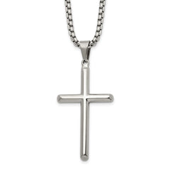 Chisel Stainless Steel Polished Cross Pendant on a 24 inch Box Chain NecklaceSRN3197-24