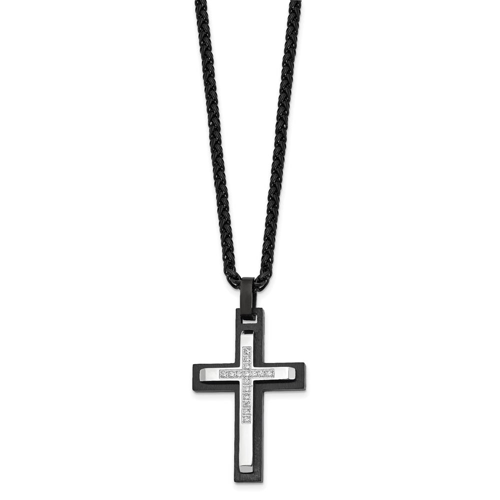 Chisel Stainless Steel Brushed and Polished Black IP-plated with CZ Cross Pendant on a 24 inch Wheat Chain NecklaceSRN3200-24