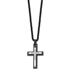 Chisel Stainless Steel Brushed and Polished Black IP-plated with CZ Cross Pendant on a 24 inch Wheat Chain NecklaceSRN3200-24