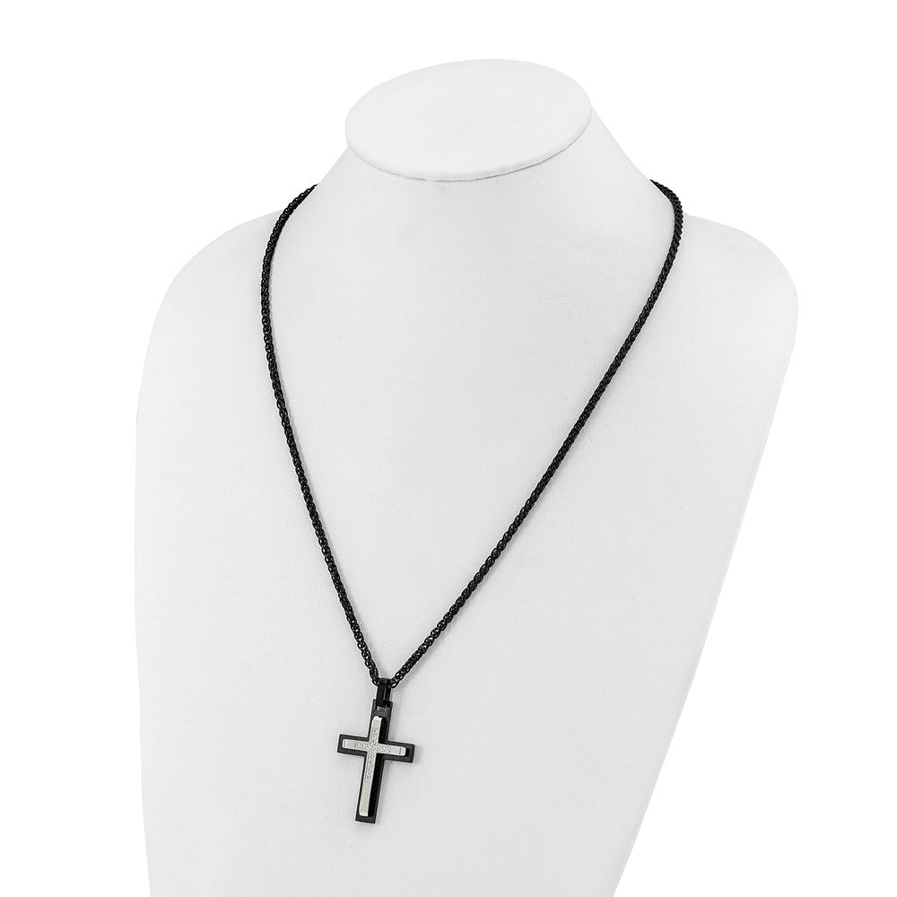 Chisel Stainless Steel Brushed and Polished Black IP-plated with CZ Cross Pendant on a 24 inch Wheat Chain NecklaceSRN3200-24