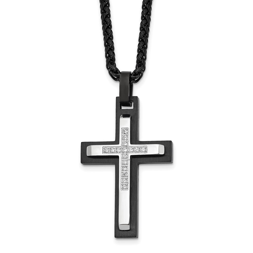 Chisel Stainless Steel Brushed and Polished Black IP-plated with CZ Cross Pendant on a 24 inch Wheat Chain NecklaceSRN3200-24