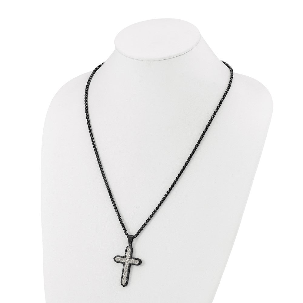 Chisel Stainless Steel Brushed and Textured Gun Metal IP-plated Cross on a 24 inch Wheat Chain NecklaceSRN3201-24