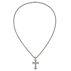 Chisel Stainless Steel Polished with CZ Fancy Cross Pendant on a 24 inch Wheat Chain NecklaceSRN3202-24