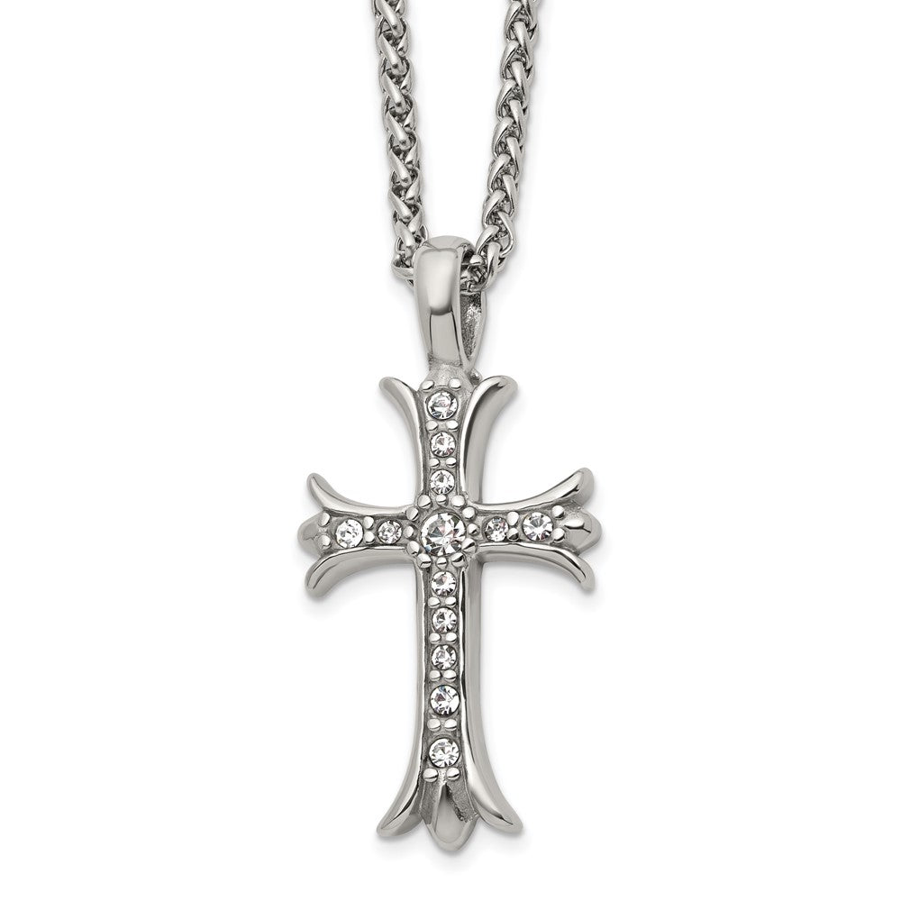 Chisel Stainless Steel Polished with CZ Fancy Cross Pendant on a 24 inch Wheat Chain NecklaceSRN3202-24