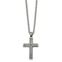 Chisel Stainless Steel Antiqued and Polished Cross Pendant on a 24 inch Wheat Chain NecklaceSRN3203-24