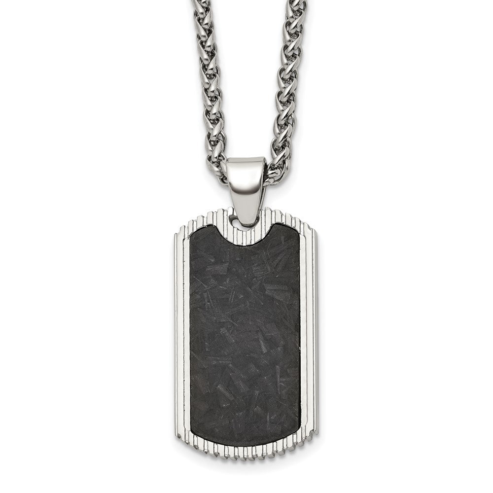 Chisel Stainless Steel Polished with Black Carbon Fiber Inlay Dog Tag on a 24 inch Wheat Chain NecklaceSRN3204-24