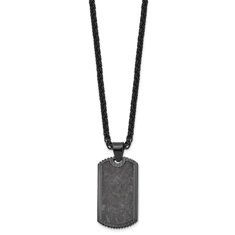 Chisel Stainless Steel Polished Black IP-plated with Black Carbon Fiber Inlay Dog Tag on a 24 inch Wheat Chain NecklaceSRN3205-24