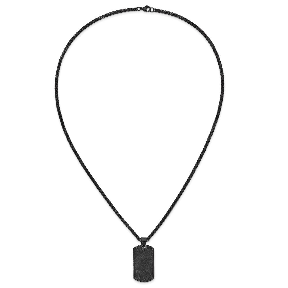 Chisel Stainless Steel Polished Black IP-plated with Black Carbon Fiber Inlay Dog Tag on a 24 inch Wheat Chain NecklaceSRN3205-24