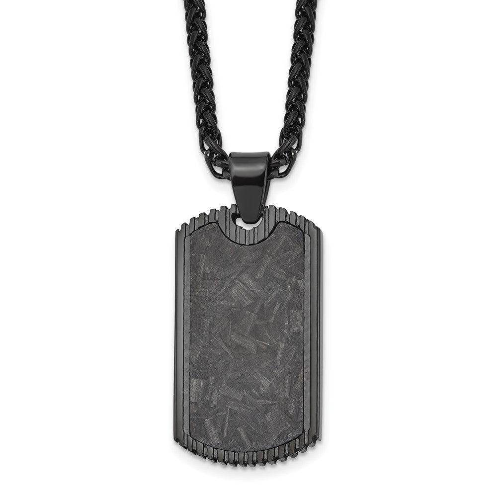 Chisel Stainless Steel Polished Black IP-plated with Black Carbon Fiber Inlay Dog Tag on a 24 inch Wheat Chain NecklaceSRN3205-24