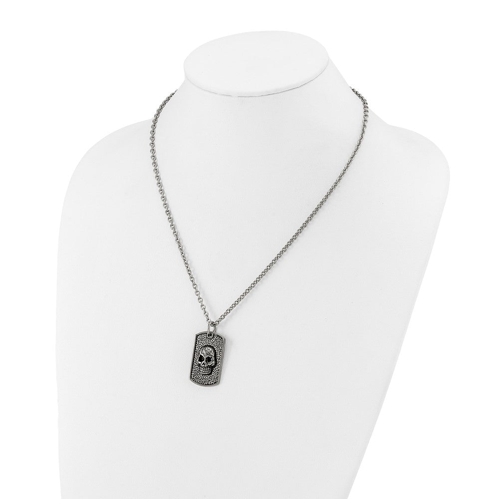 Chisel Stainless Steel Antiqued and Polished Skull Dog Tag on a 24 inch Cable Chain NecklaceSRN3208-24