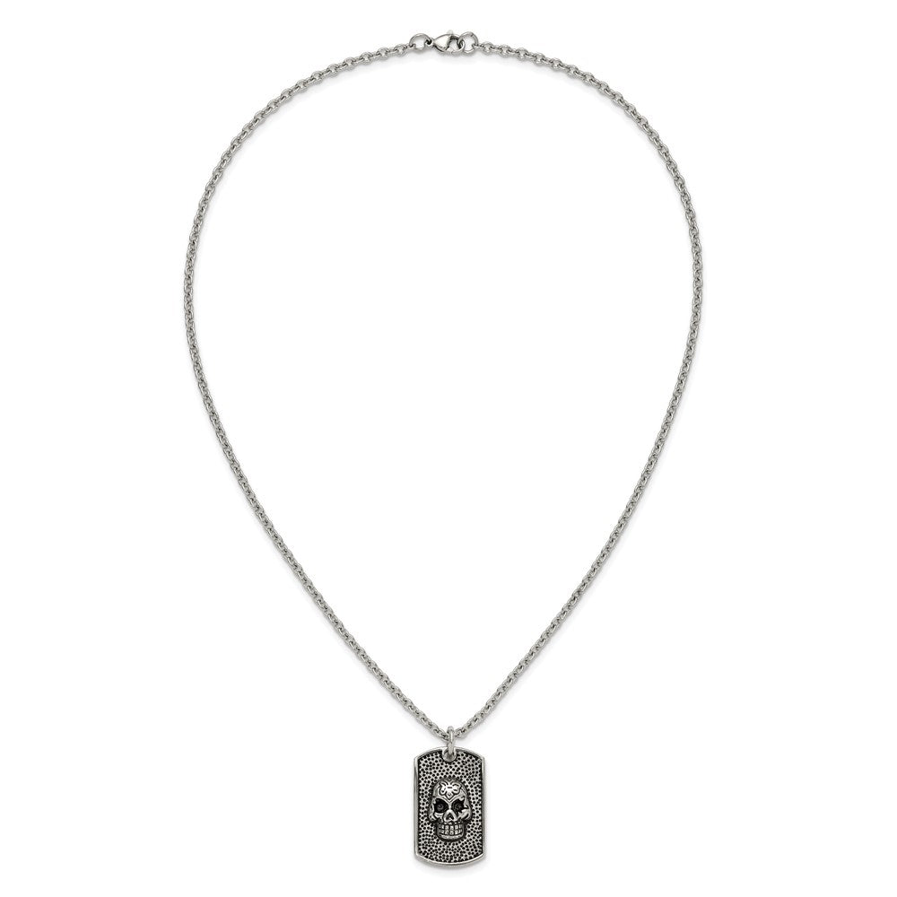 Chisel Stainless Steel Antiqued and Polished Skull Dog Tag on a 24 inch Cable Chain NecklaceSRN3208-24