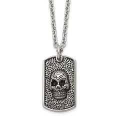 Chisel Stainless Steel Antiqued and Polished Skull Dog Tag on a 24 inch Cable Chain NecklaceSRN3208-24