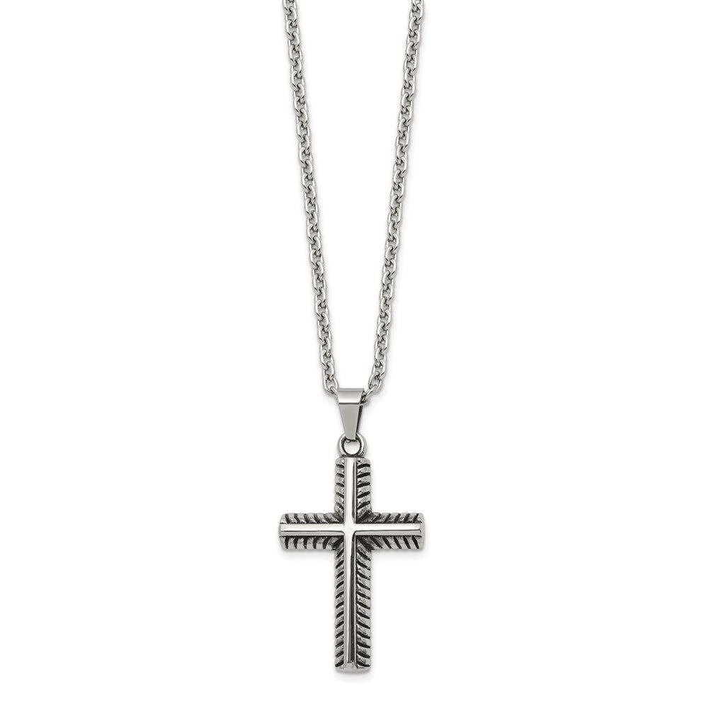 Chisel Stainless Steel Antiqued and Polished Textured Edge Cross Pendant on a 24 inch Cable Chain NecklaceSRN3209-24