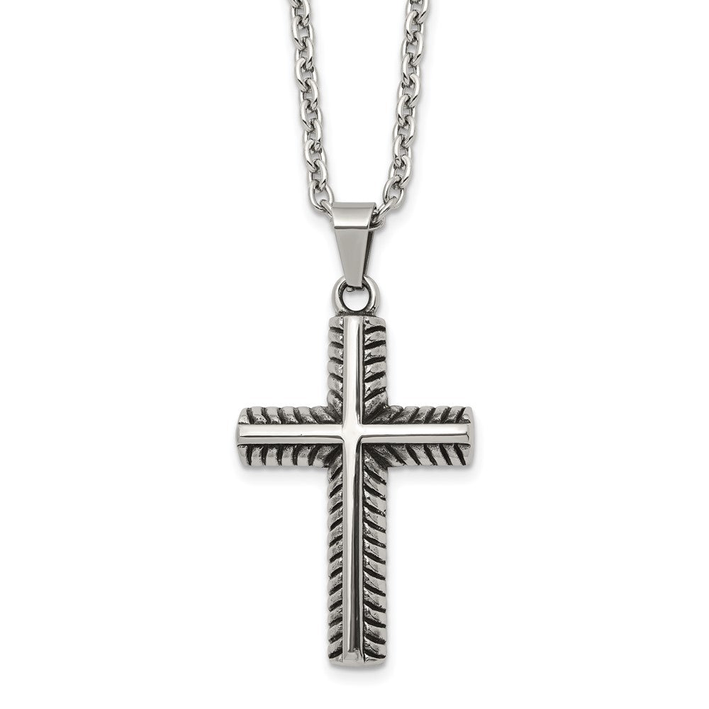 Chisel Stainless Steel Antiqued and Polished Textured Edge Cross Pendant on a 24 inch Cable Chain NecklaceSRN3209-24