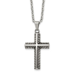 Chisel Stainless Steel Antiqued and Polished Textured Edge Cross Pendant on a 24 inch Cable Chain NecklaceSRN3209-24