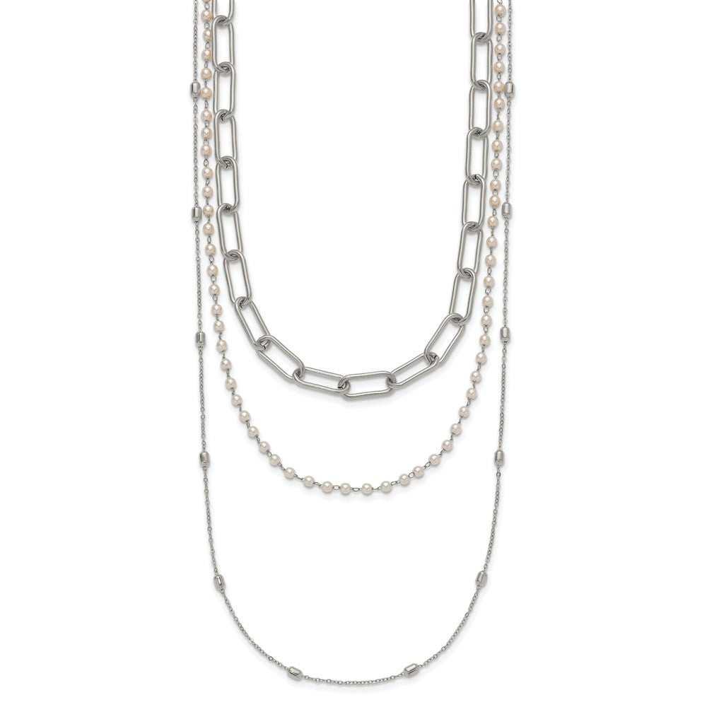 Chisel Stainless Steel Polished Paperclip Link, Beaded Chain and with White Freshwater Cultured Pearl Layered 13.5 inch Plus a 2 inch Extension NecklaceSRN3227-13.5