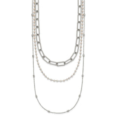 Chisel Stainless Steel Polished Paperclip Link, Beaded Chain and with White Freshwater Cultured Pearl Layered 13.5 inch Plus a 2 inch Extension NecklaceSRN3227-13.5