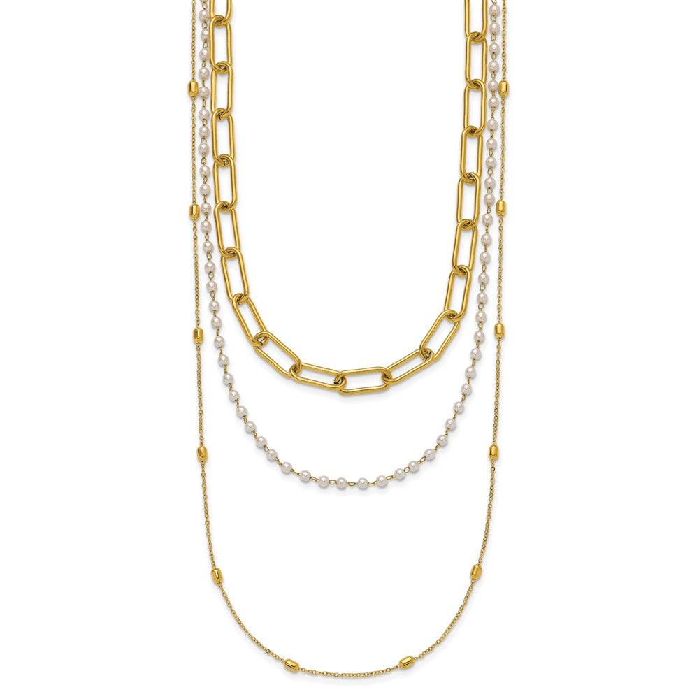 Chisel Stainless Steel Polished Yellow IP-plated Paperclip Link, Beaded Chain and White Freshwater Cultured Pearl Layered 13.5 inch Plus a 2 inch Extension NecklaceSRN3228-13.5