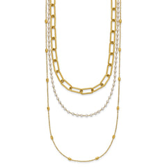 Chisel Stainless Steel Polished Yellow IP-plated Paperclip Link, Beaded Chain and White Freshwater Cultured Pearl Layered 13.5 inch Plus a 2 inch Extension NecklaceSRN3228-13.5