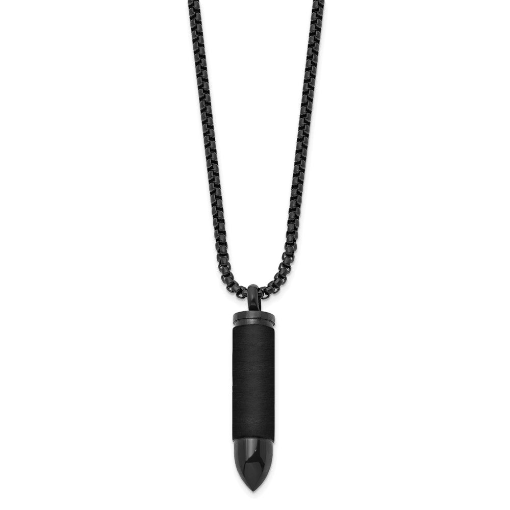 Chisel Stainless Steel Brushed and Polished Black IP-plated Bullet Capsule Pendant on a 22 inch Box Chain NecklaceSRN3231-22