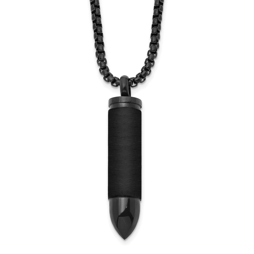 Chisel Stainless Steel Brushed and Polished Black IP-plated Bullet Capsule Pendant on a 22 inch Box Chain NecklaceSRN3231-22