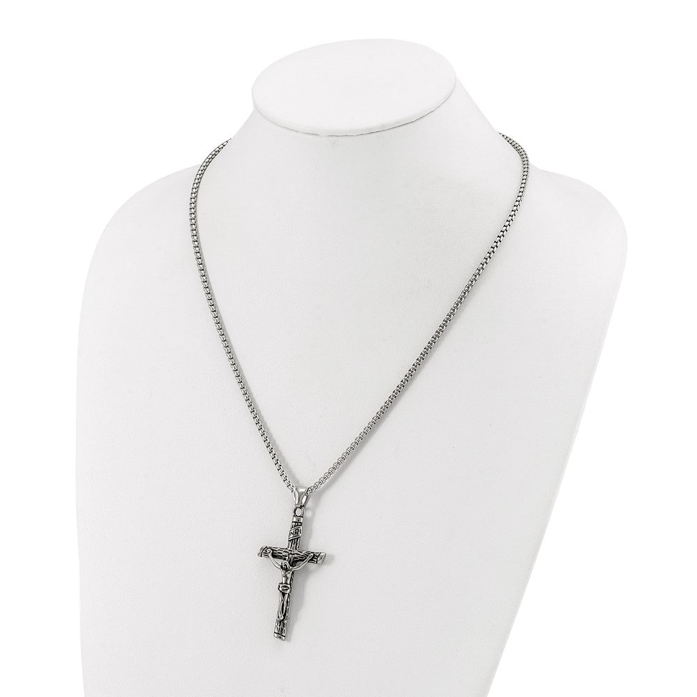 Chisel Stainless Steel Antiqued and Polished INRI Crucifix Pendant on a 22 inch Box Chain NecklaceSRN3232-22