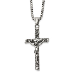 Chisel Stainless Steel Antiqued and Polished INRI Crucifix Pendant on a 22 inch Box Chain NecklaceSRN3232-22