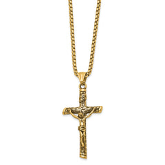 Chisel Stainless Steel Antiqued and Polished Yellow IP-plated INRI Crucifix Pendant on a 22 inch Box Chain NecklaceSRN3233-22