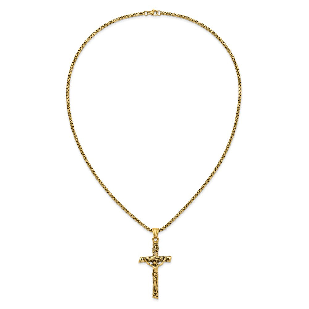 Chisel Stainless Steel Antiqued and Polished Yellow IP-plated INRI Crucifix Pendant on a 22 inch Box Chain NecklaceSRN3233-22