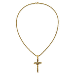 Chisel Stainless Steel Antiqued and Polished Yellow IP-plated INRI Crucifix Pendant on a 22 inch Box Chain NecklaceSRN3233-22