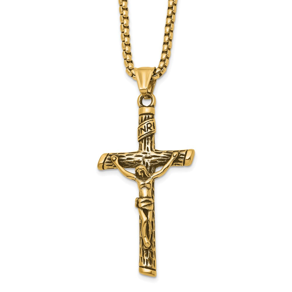 Chisel Stainless Steel Antiqued and Polished Yellow IP-plated INRI Crucifix Pendant on a 22 inch Box Chain NecklaceSRN3233-22